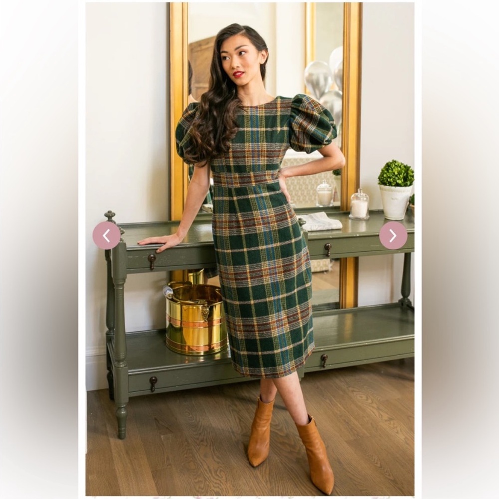 🎄IVY CITY CO Holly Plaid Green Dress Holiday Puff Sleeve Scottish Tartan